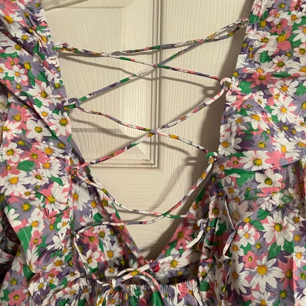 Retro Pink Summer Daisy Print Sundress-Ruffle Straps Babydoll Dress NWT L #2342
